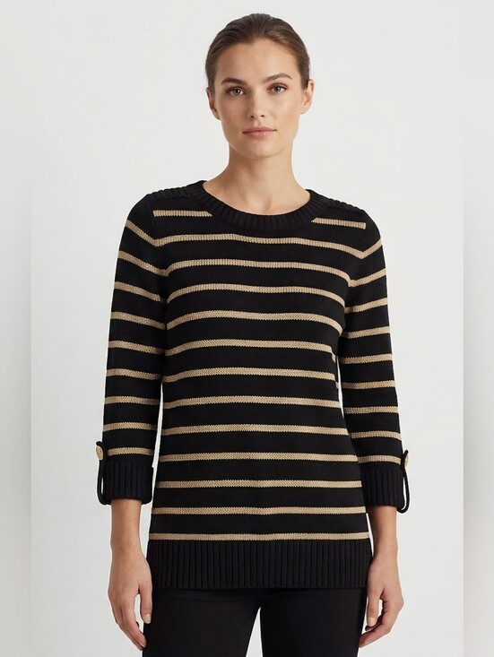 Jones New York Sweaters - NWT Jones New York Black and Gold Striped Crewneck Sweater Size MP